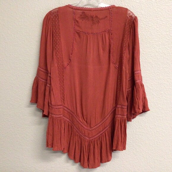 Free People Boho Tunic Top Blouse Size XS Pin Tuck Buttons Burnt Orange - Picture 10 of 10